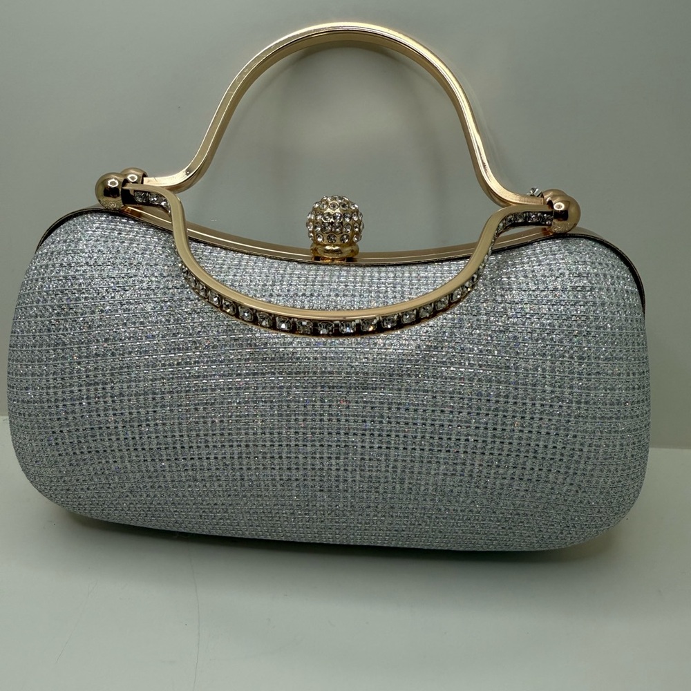 Elegant Silver Evening Clutch Bag with Gold Handle